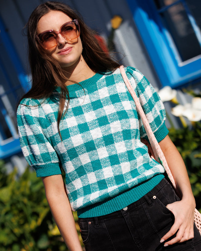 Downeast Prima Sweater in green lake check pattern, soft knit sweater for women, casual and cozy style.