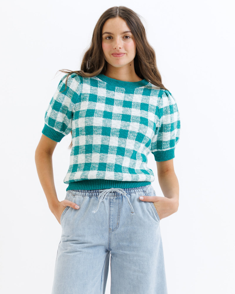 Downeast Prima Sweater in greenlake check, cozy knit sweater for women, styled with a classic pattern and relaxed fit.