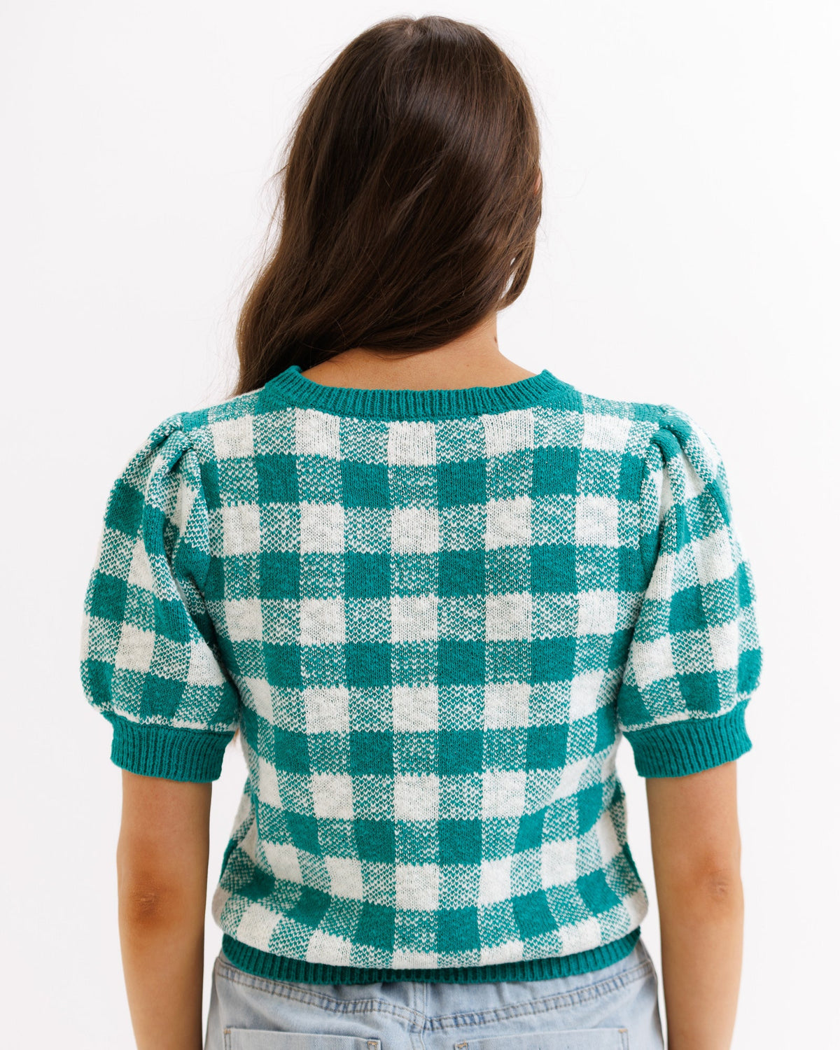 Green and blue check Downeast Prima Sweater, cozy knit sweater in XS size with classic pattern and ribbed cuffs.