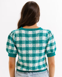 Green and blue check Downeast Prima Sweater, cozy knit sweater in XS size with classic pattern and ribbed cuffs.