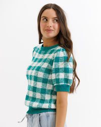 Downeast Prima sweater in greenlake check pattern, cozy knit sweater with a relaxed fit, designed for casual comfort.