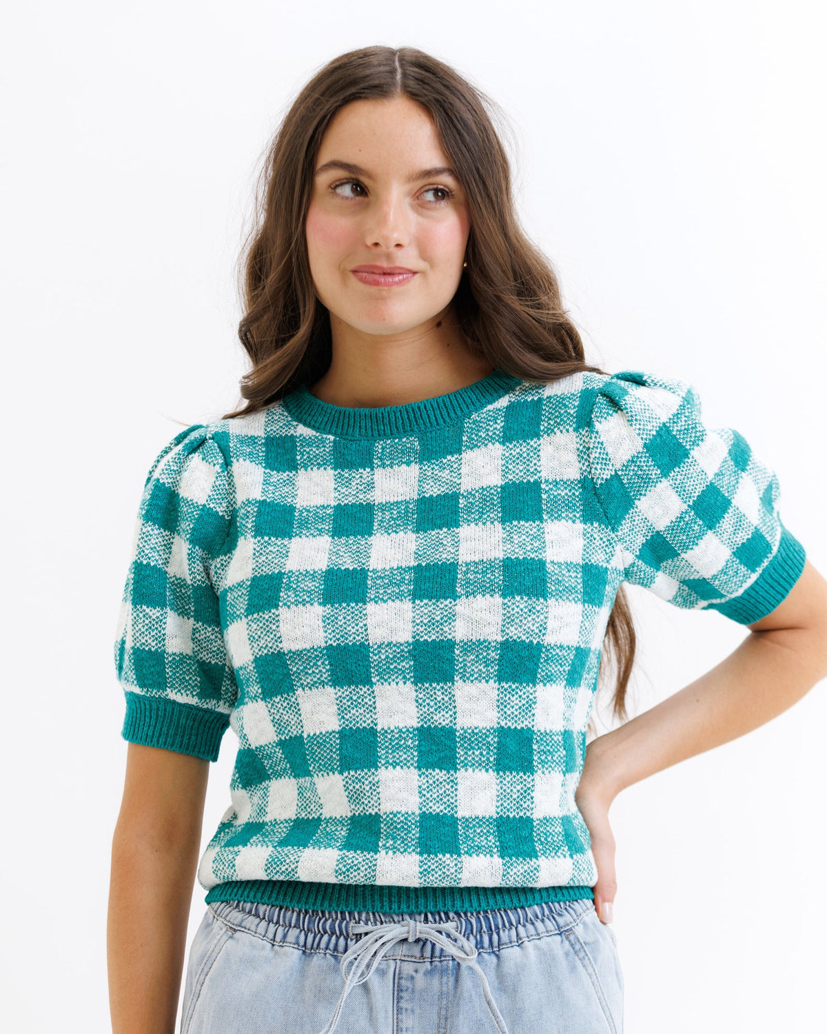 Downeast Prima Sweater in green Lake Check, cozy knit sweater for women, with a classic plaid pattern and soft fabric.