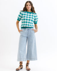 Green check Downeast Prima sweater, lightweight knit with a classic pattern, displayed on a neutral background.