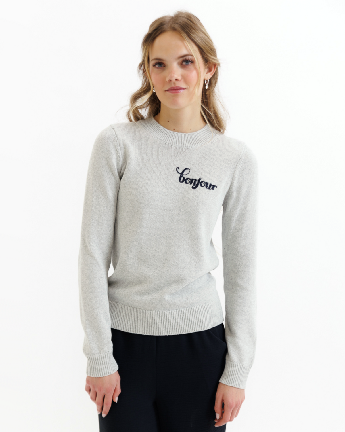 Gray Downeast Statement Sweater with a cozy, relaxed fit, featuring a stylish design and soft knit texture.
