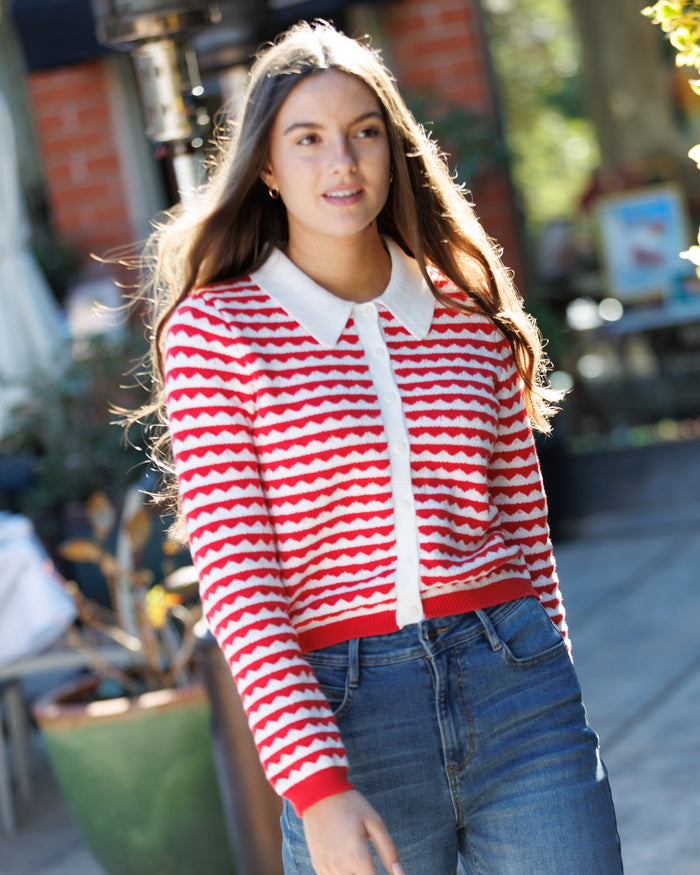 Red and white striped Downeast Cherry Picked Cardi sweater with a classic crewneck and cozy knit fabric.