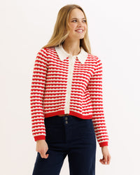 Red and white striped Downeast Cherry Picked Cardi sweater, XS size, cozy knit with classic pattern.
