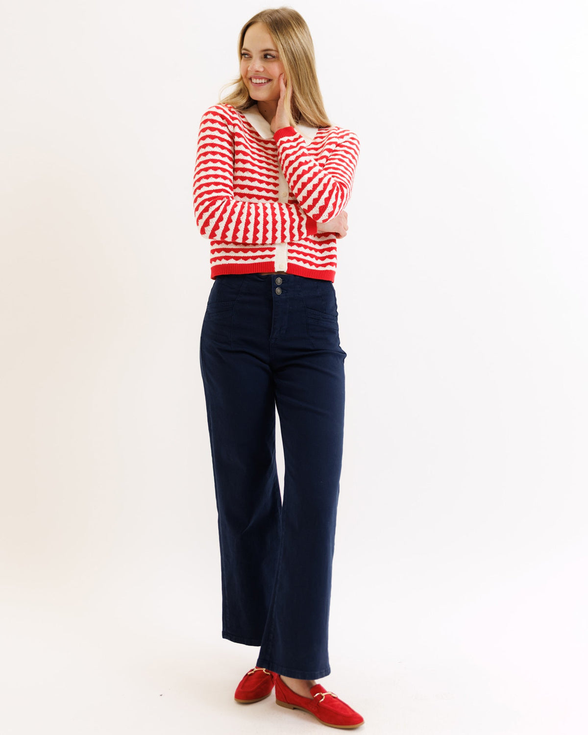 Red and white striped Downeast Cherry Picked Cardi sweater, XS size, with a cozy knit texture and button-up front.