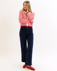 Red and white striped Downeast Cherry Picked Cardi sweater, XS size, with a cozy knit texture and button-up front.
