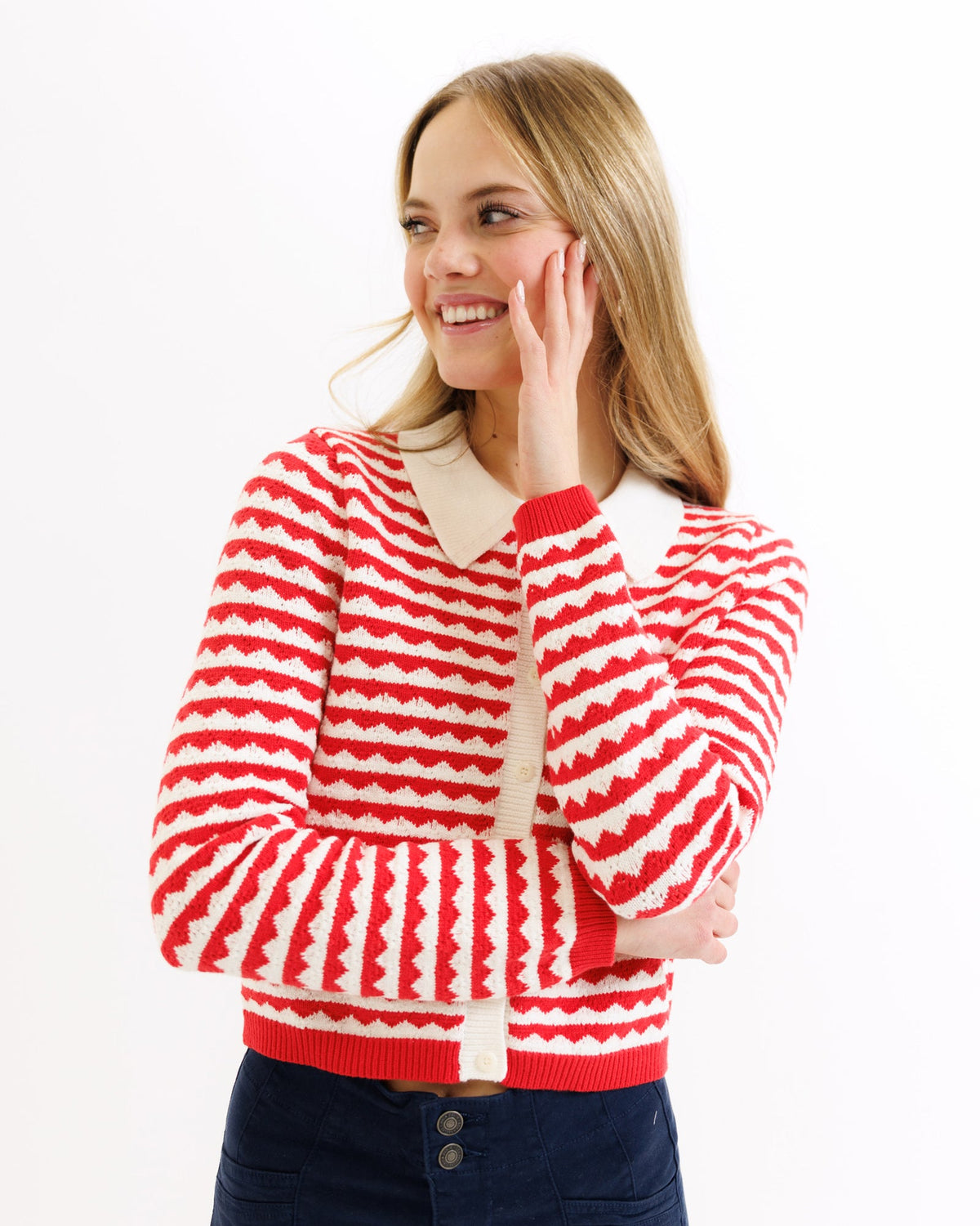 Red and white striped Cherry Picked Cardi sweater by Downeast, featuring a cozy knit and button-up front.