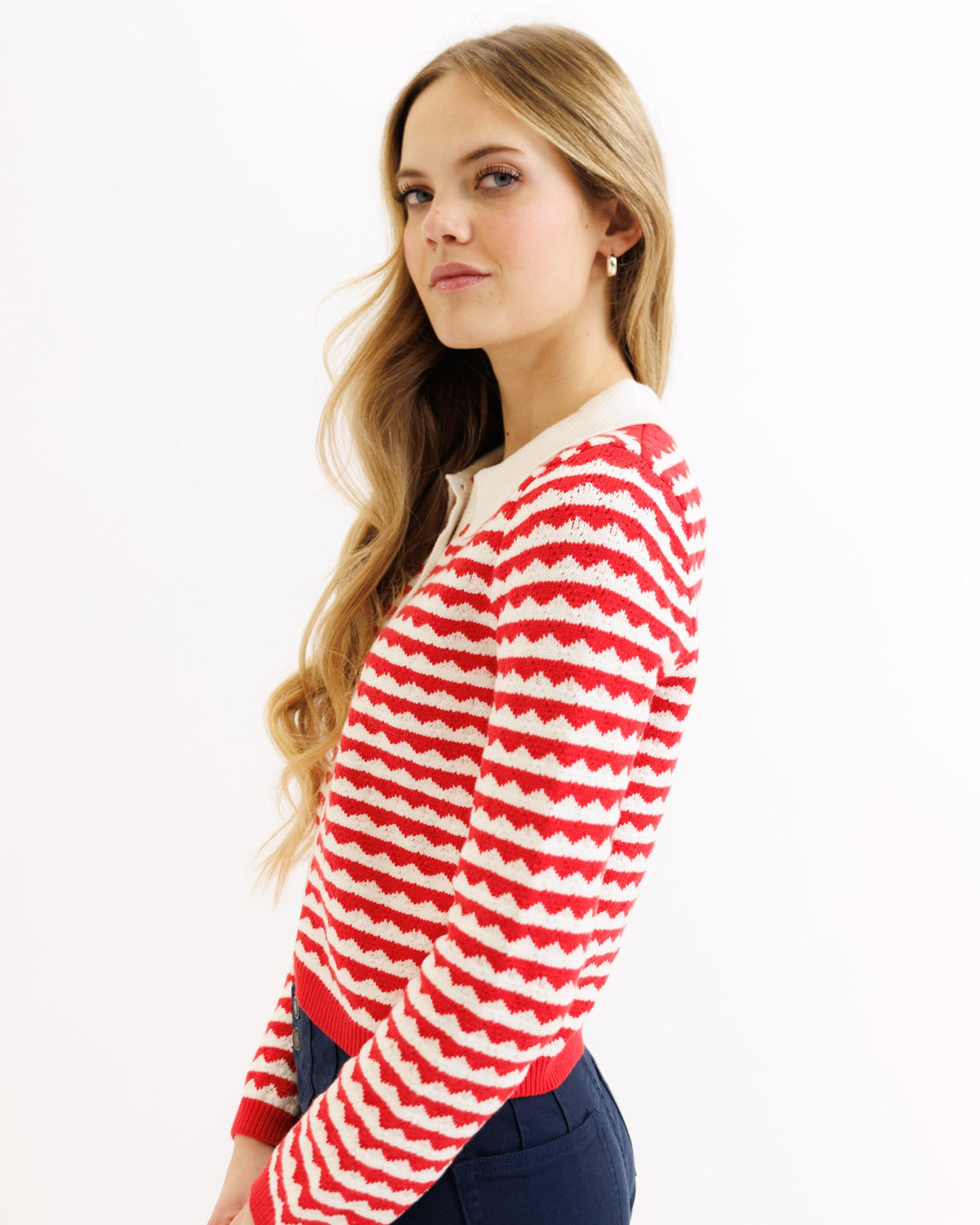 Red and white striped Downeast Cherry Picked Cardi sweater with a cozy knit design, shown in size XS.