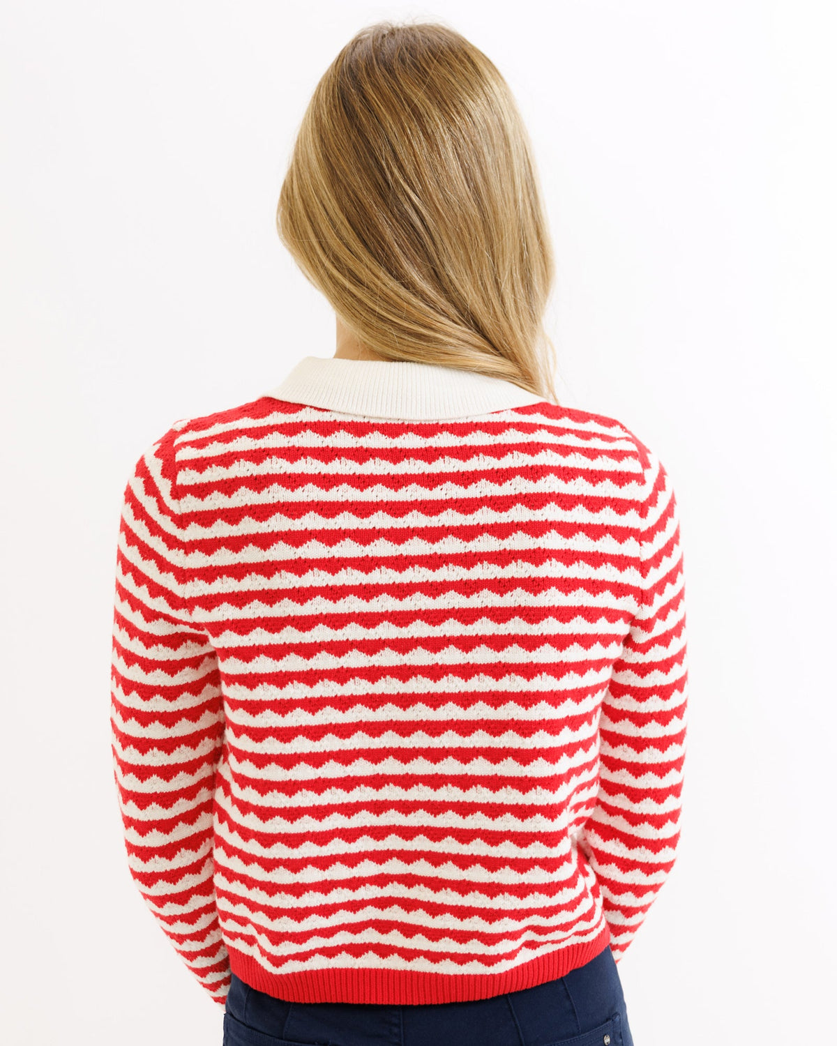 Red and white striped Downeast Cherry Picked Cardi sweater with a cozy, casual fit, displayed on a mannequin.