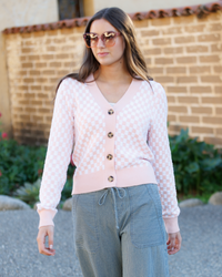 Downeast Checks & Ciao Cardi sweater in XS, rose check pattern, soft knit fabric, stylish and cozy women's sweater.
