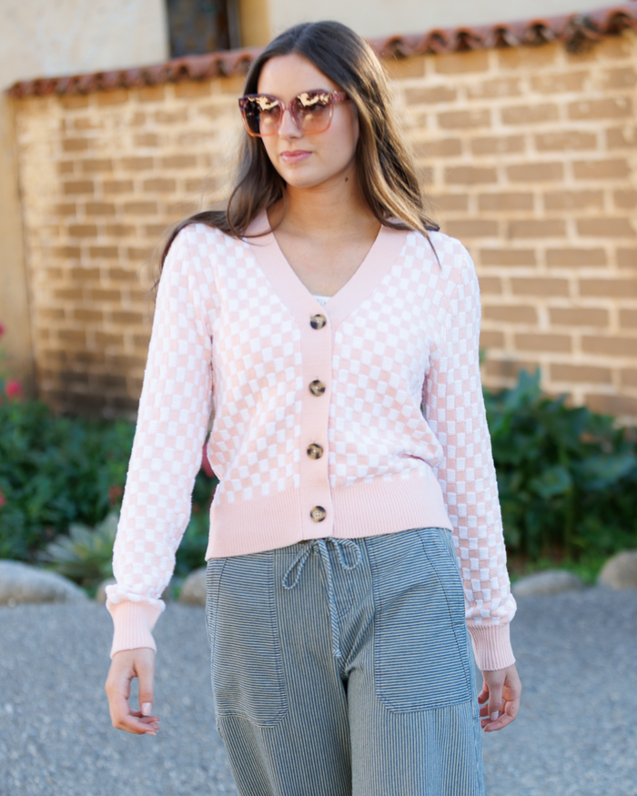 Downeast Checks & Ciao Cardi sweater in XS, rose check pattern, soft knit fabric, stylish and cozy women's sweater.