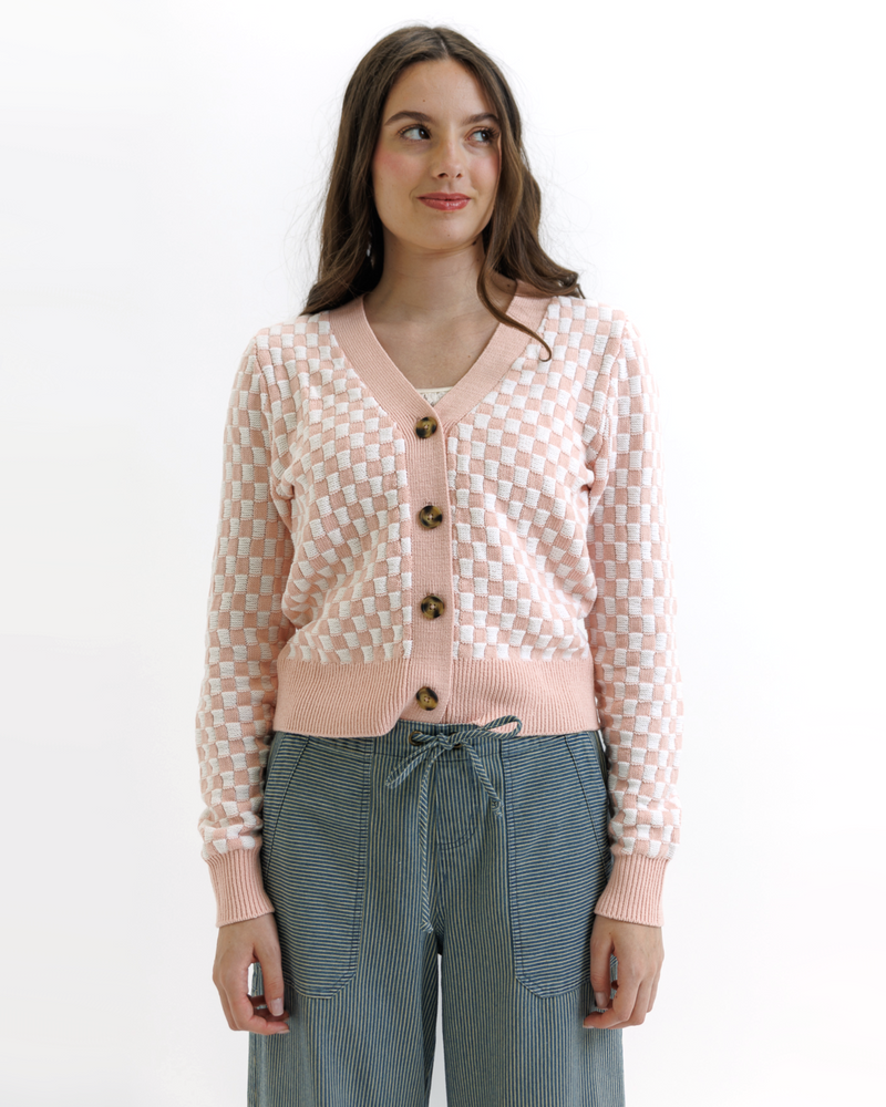 Downeast Checks & Ciao Cardi sweater in rose check pattern, XS size, soft knit with button detail and cozy fit.