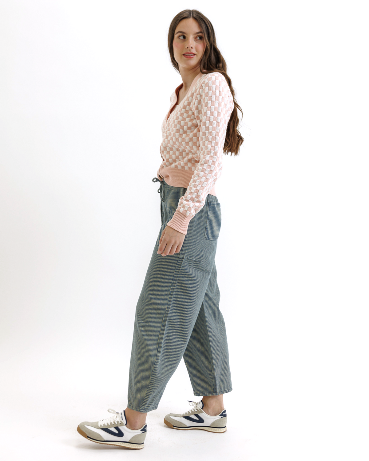 Downeast Checks & Ciao Cardi sweater in XS with pink and rose check pattern, cozy knit, and button details.