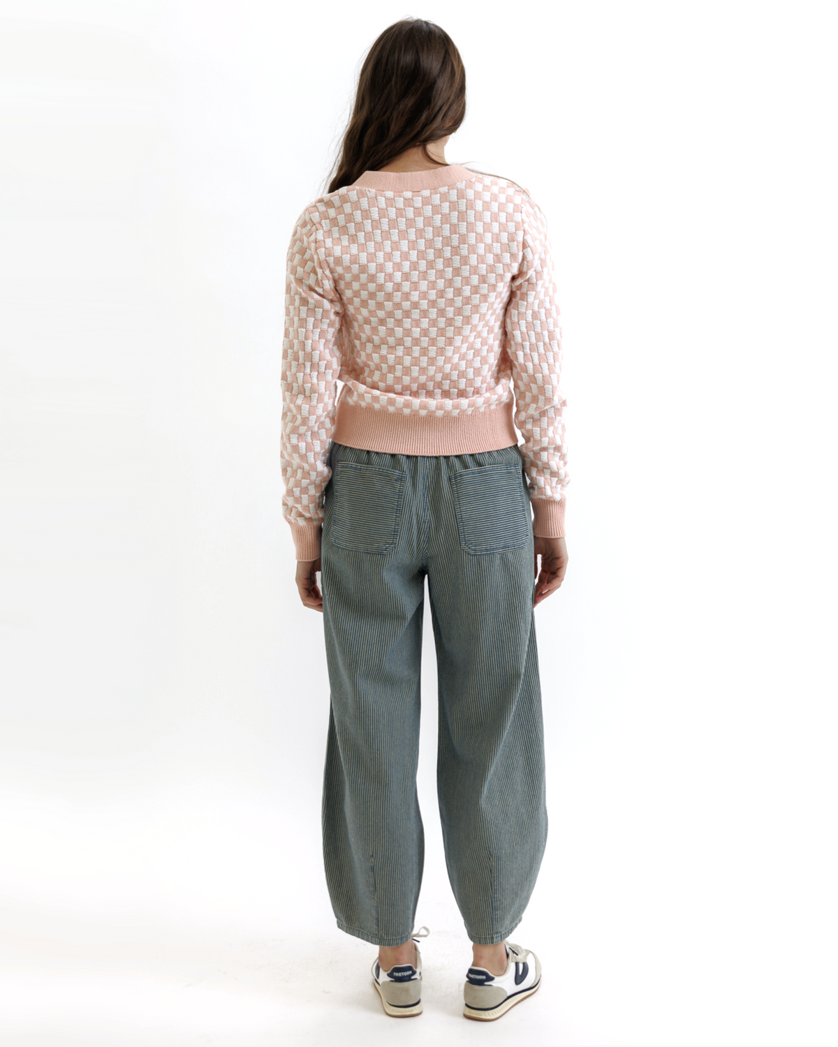 Downeast Checks & Ciao Cardi sweater in rose check pattern, lightweight knit with V-neck and long sleeves.