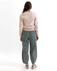 Downeast Checks & Ciao Cardi sweater in rose check pattern, lightweight knit with V-neck and long sleeves.