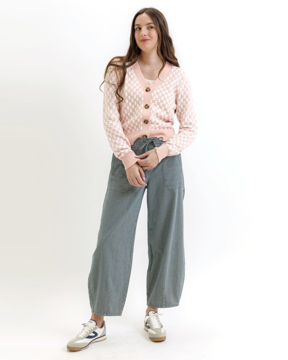 Downeast Checks & Ciao Cardi sweater in XS with pink rose check pattern, featuring a cozy, stylish knit design.