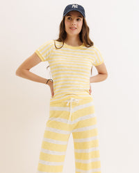 Yellow striped Downeast Round Trip Crew sweater, cozy crewneck design, lightweight knit, perfect for casual wear.