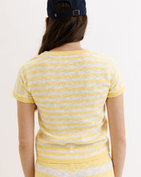 Yellow striped Downeast Round Trip Crew sweater, cozy knit crewneck with casual style, shown on a model.