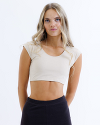 Black Downeast Contour Demi Tee shown on a model, featuring a fitted, short-sleeve design perfect for casual wear.