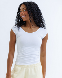 White Downeast Essential Tee in XS size, showcasing a classic, comfortable cotton t-shirt with a simple crew neckline.