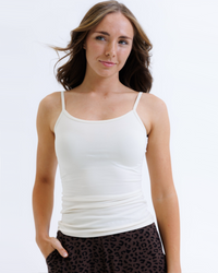 White Downeast Wonder Cami tee, XS size, soft fabric, fitted style, shown on a hanger.