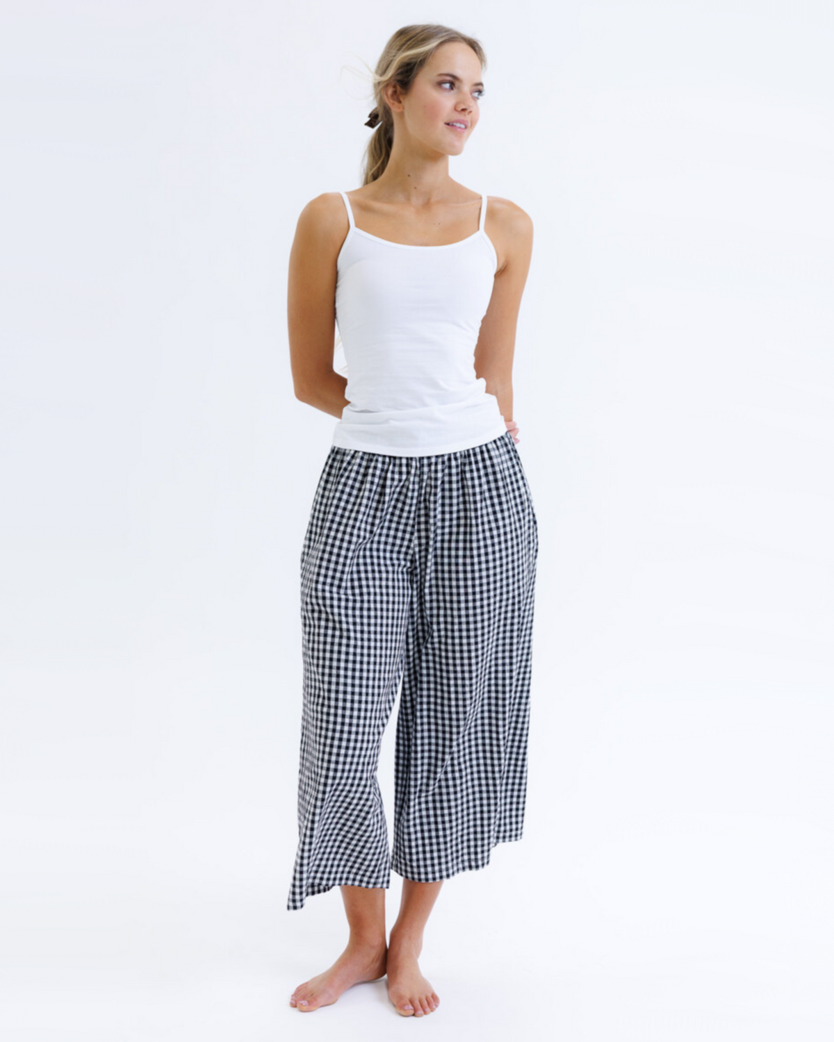 White Downeast Wonder Cami tee, close-up view of soft fabric and simple round neckline.