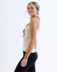 White Downeast Wonder Cami tee, size XS, soft fabric, close-up of neckline and fabric texture.