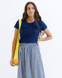 Downeast Scallop Tee in banana crepe fabric, XS, casual tops with scalloped neckline and relaxed fit.