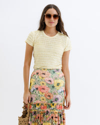 Downeast scallop tee in banana crepe fabric, featuring a stylish scalloped neckline, casual tops for women.