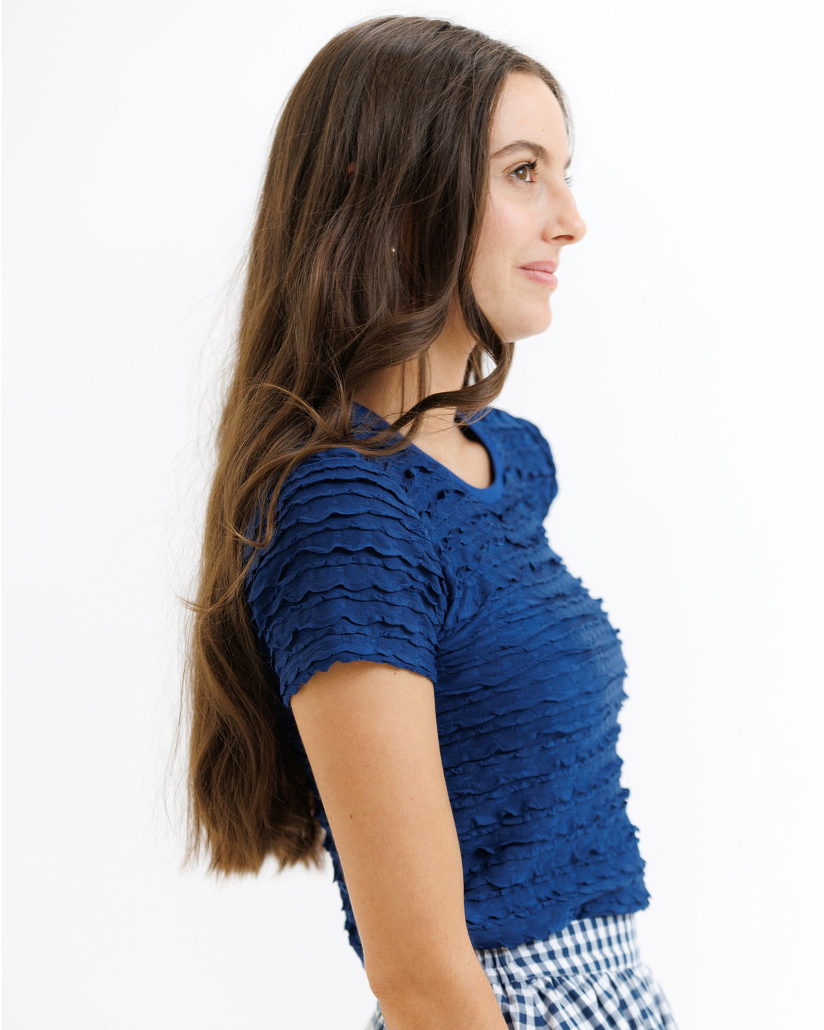 Downeast scallop tee in banana crepe fabric, shown in size XS with a scalloped neckline, casual women's top.
