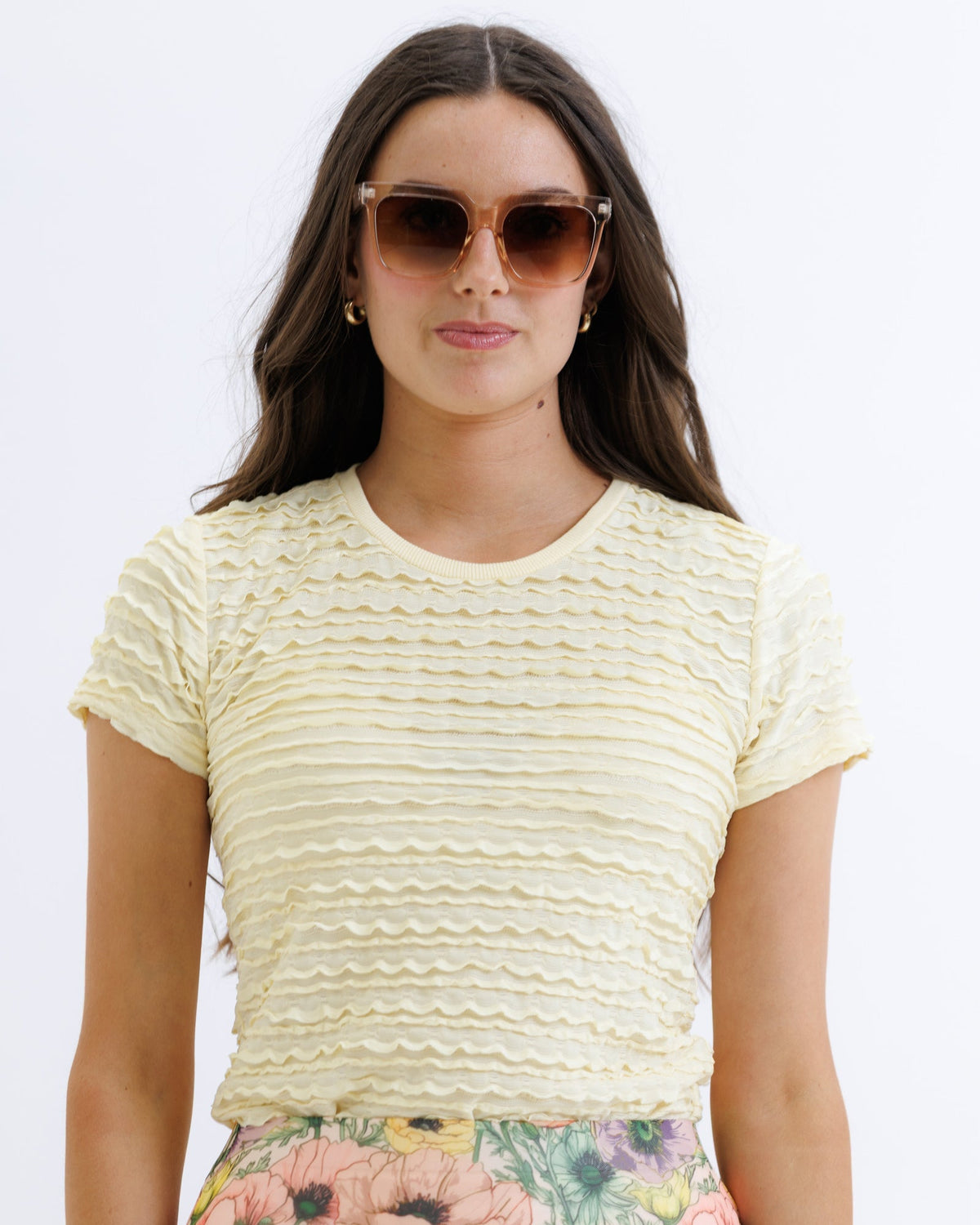 Downeast Scallop Tee in yellow, lightweight crepe fabric, with a scalloped neckline, casual tops for women.