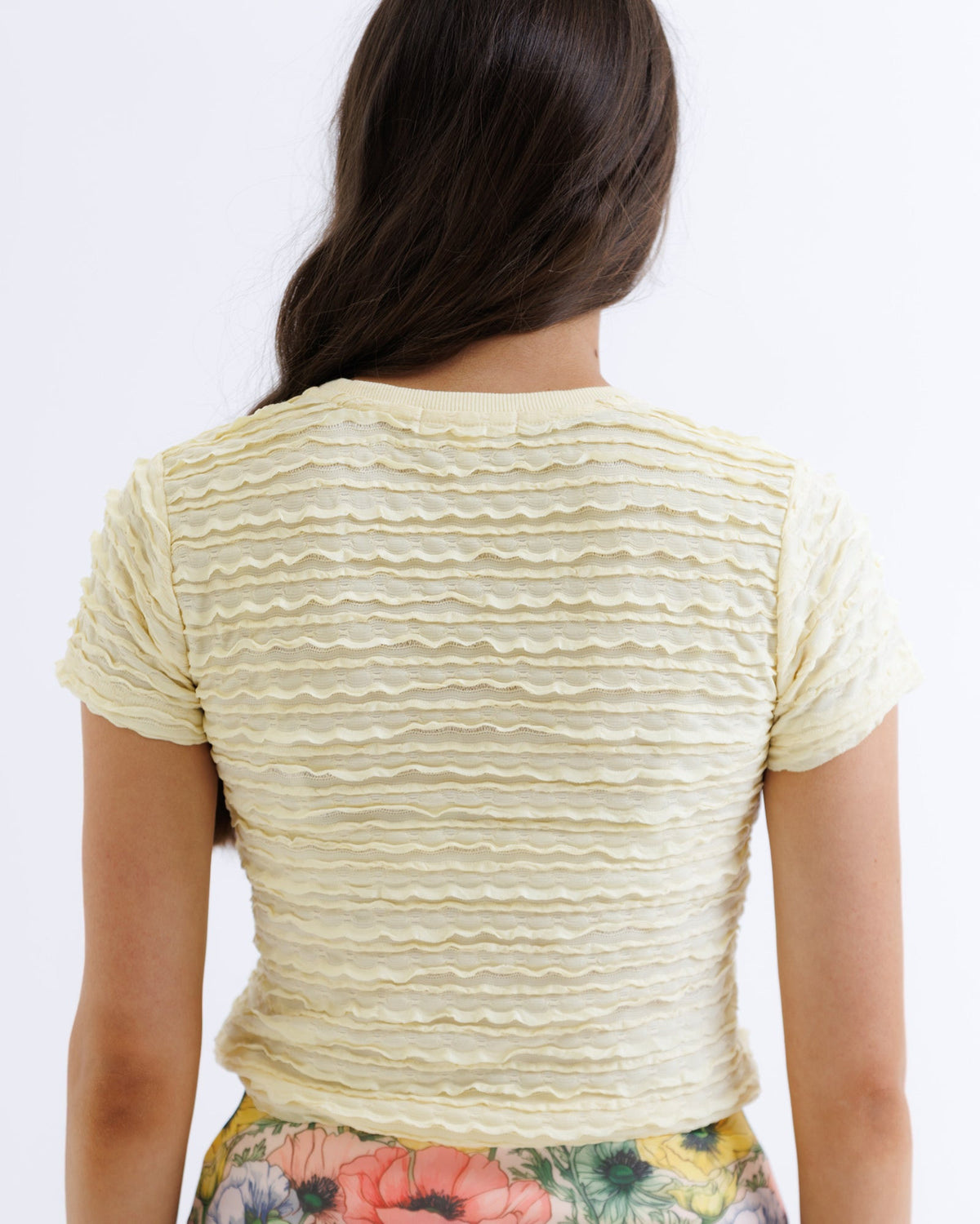 Downeast scallop tee in banana crepe fabric, showcasing a casual tops style with a scalloped neckline and relaxed fit.