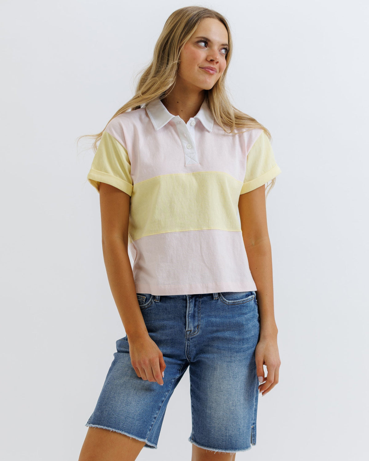 Downeast rugby tee shirt, casual tops with a classic fit, featuring a striped pattern and crew neckline, suitable for everyday wear.