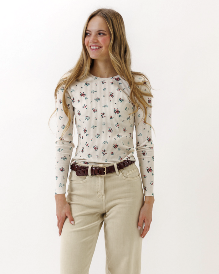 Downeast Superstition long sleeve top in berry ditsy print, lightweight blouse with a relaxed fit and feminine style.