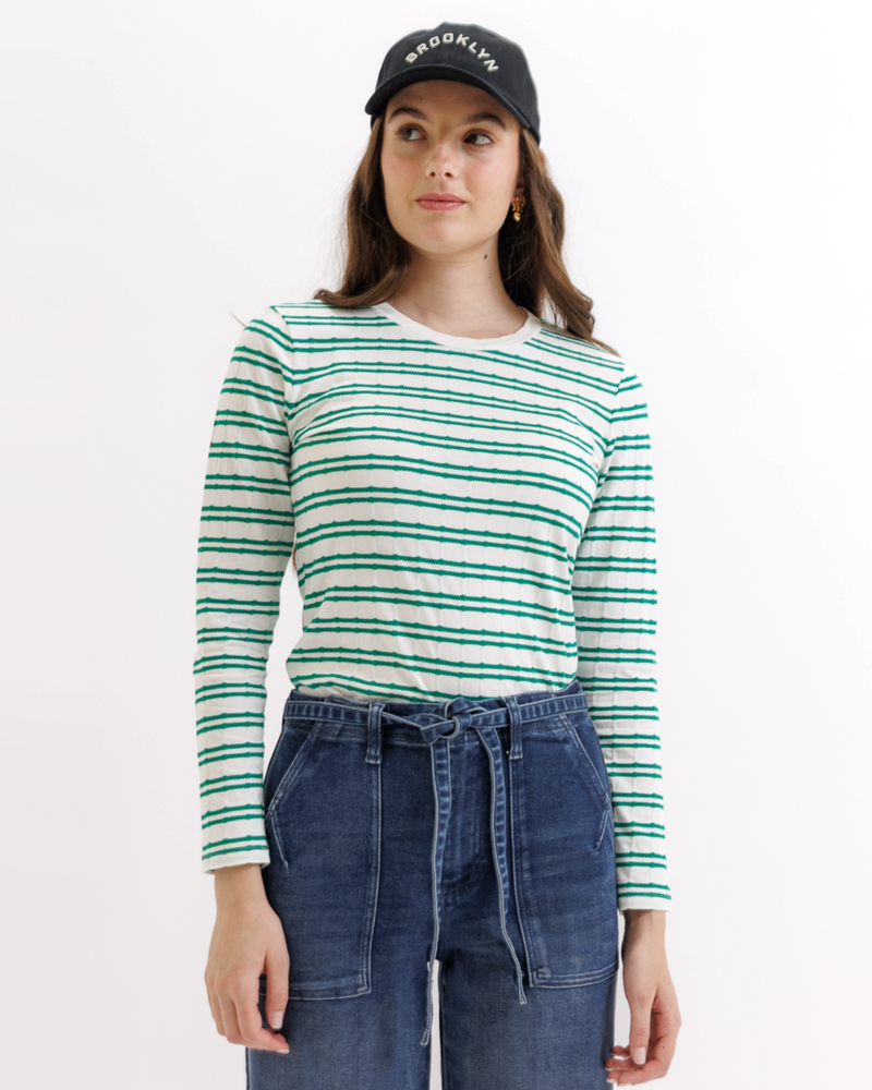 Downeast Superstition Long Sleeve Top in berry Ditsy print, lightweight tops for casual wear, shown on a model.
