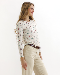 Downeast Superstition Long Sleeve Top in berry with ditsy pattern, lightweight casual tops for women.