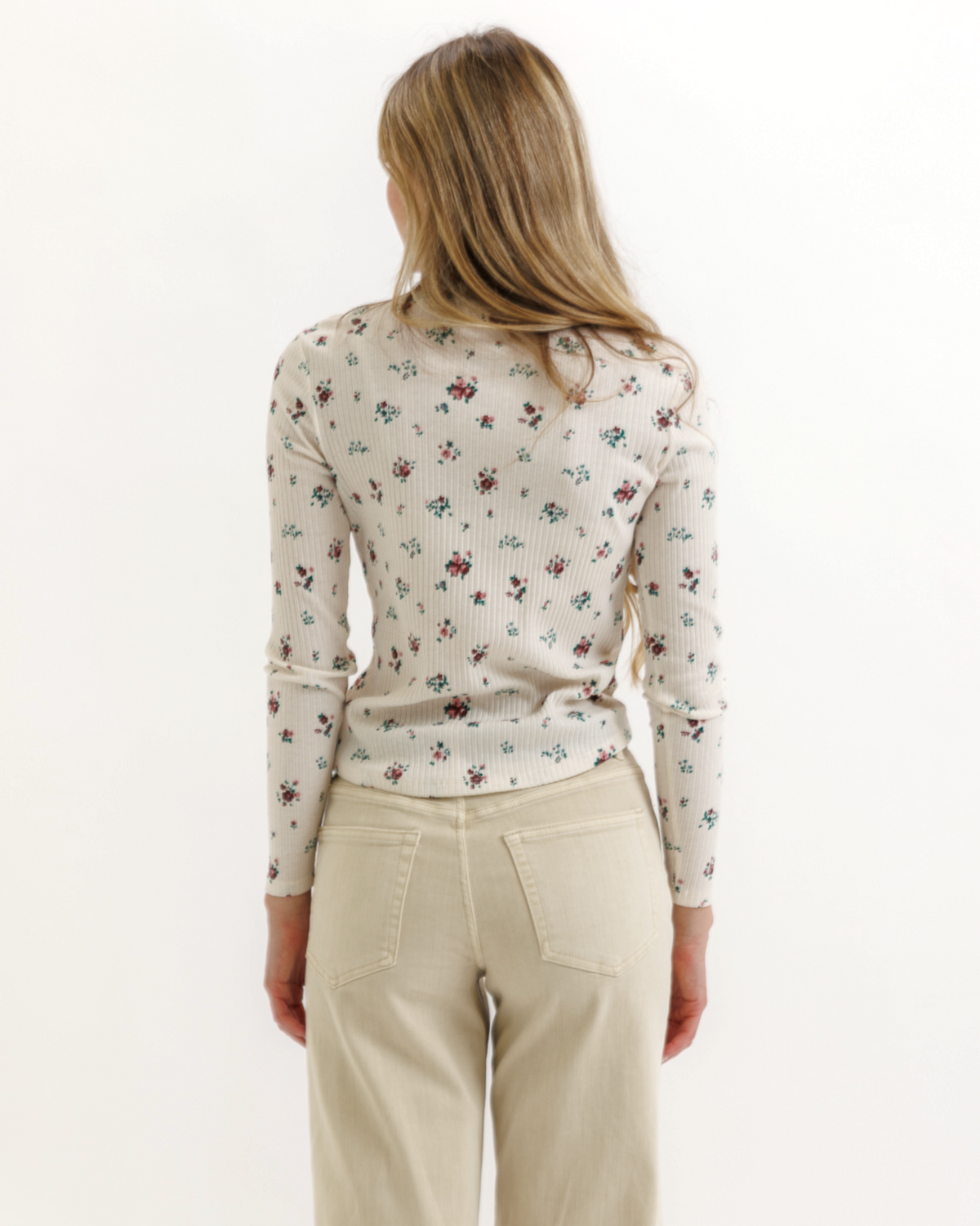 Downeast Superstition Long Sleeve Top in berry Ditsy print, lightweight casual tops for women, visible long sleeves and floral pattern.
