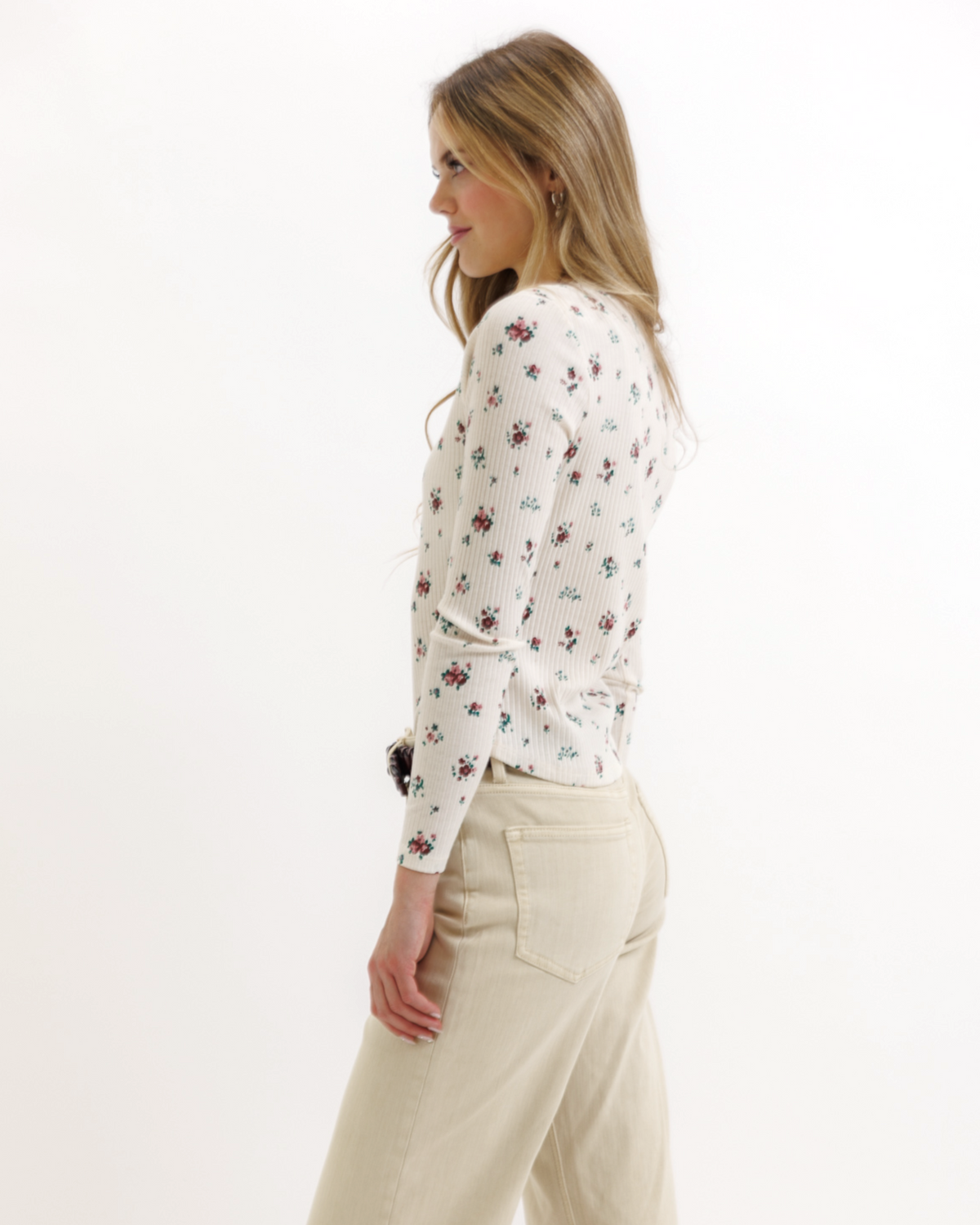Downeast Superstition Long Sleeve Top in berry Ditsy print, lightweight casual tops for women, front view with long sleeves.