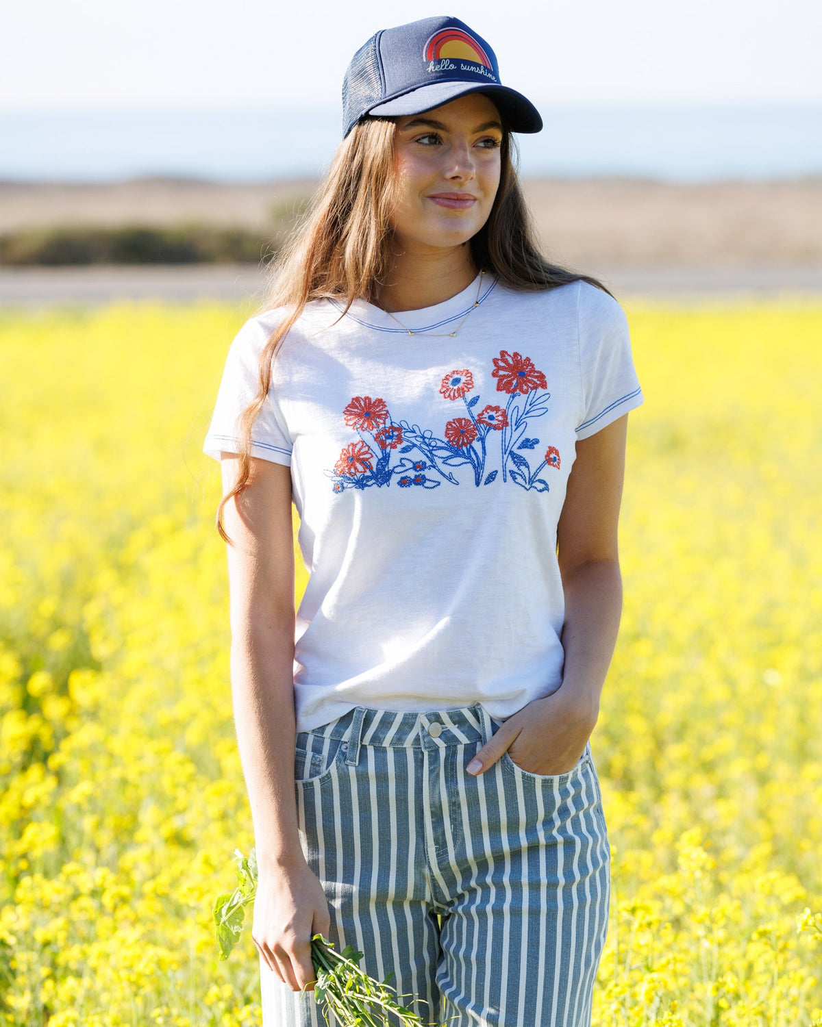 Downeast cross stitch tee top, casual women's short sleeve shirt with embroidered design, comfortable and stylish everyday wear
