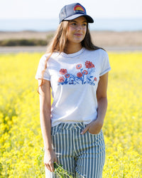 Downeast cross stitch tee top, casual women's short sleeve shirt with embroidered design, comfortable and stylish everyday wear