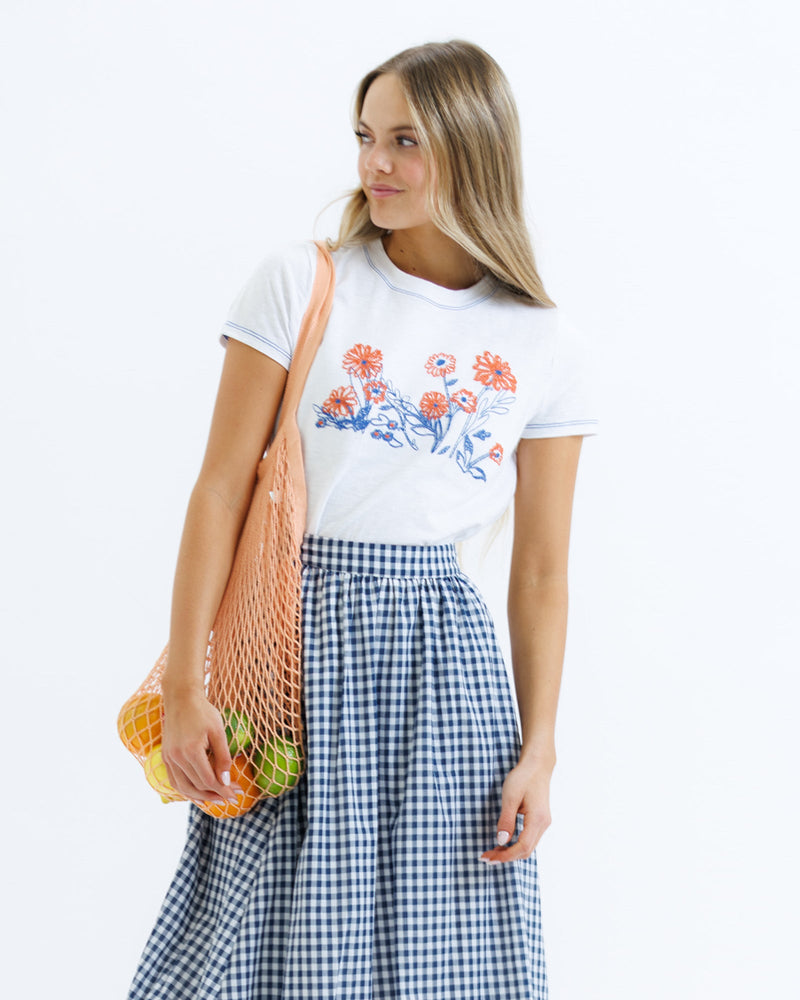 Downeast Cross Stitch Tee shirt featuring colorful embroidery on soft cotton top, casual style for everyday wear.
