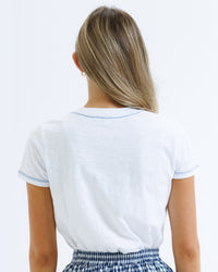 Downeast Cross Stitch Tee, stylish casual top with embroidered design, soft fabric, and crew neckline, perfect for everyday wear.