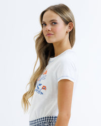 Downeast cross stitch tee, casual women's top in soft fabric with colorful cross stitch design, front view.