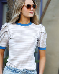 Downeast Blue Skies Ahead top in cream and tan stripe, casual fitted women's top with long sleeves and V-neck.