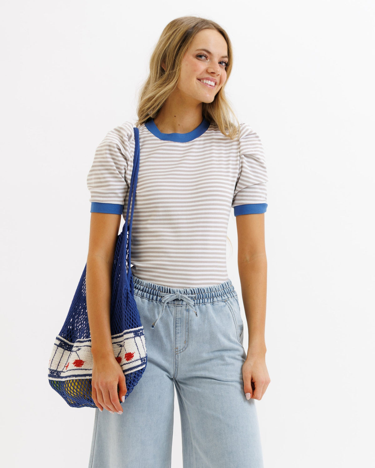 Downeast Blue Skies Ahead top, cream and tan stripe, lightweight casual blouse with long sleeves and relaxed fit.