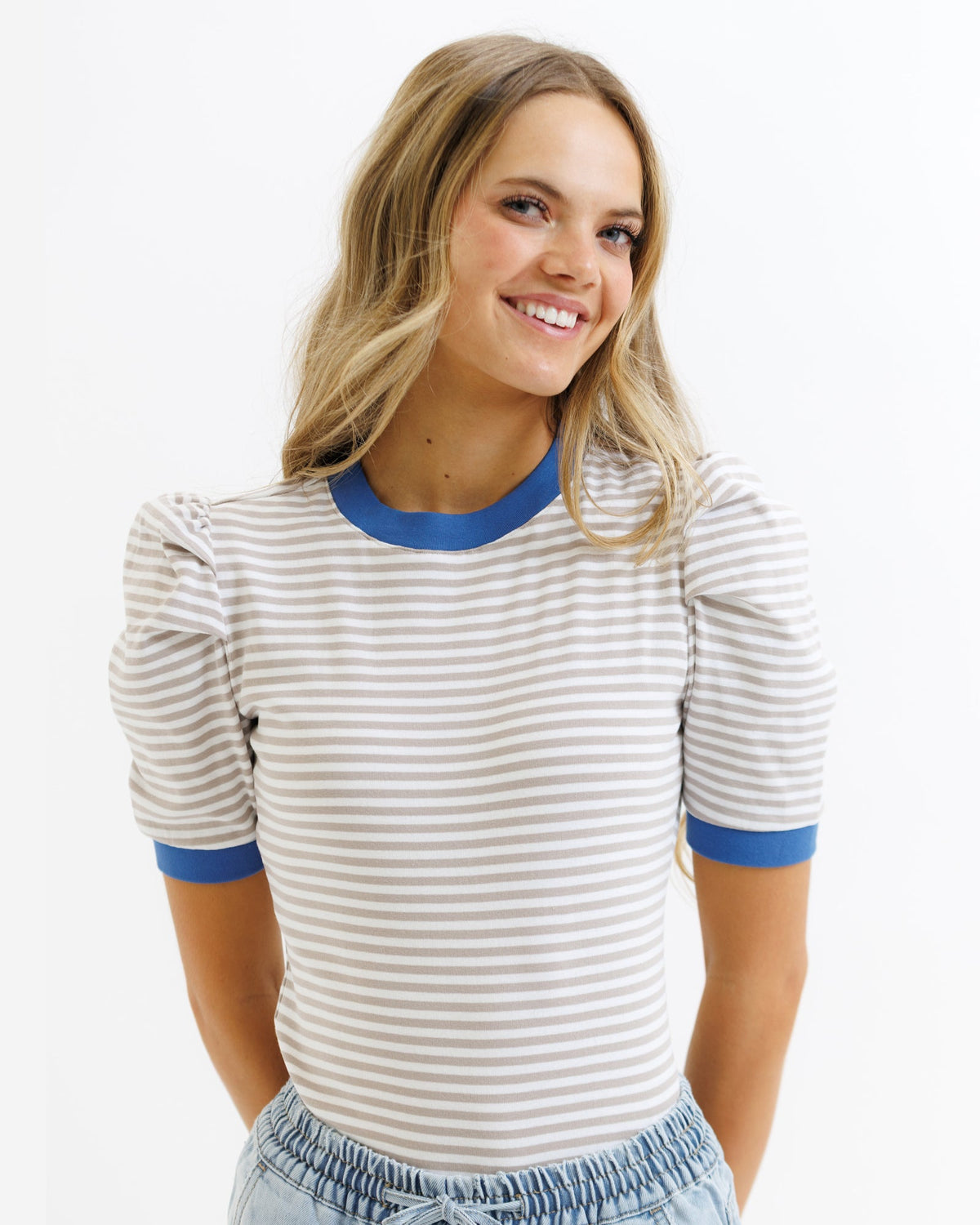 Downeast Blue Skies Ahead top in cream, tan, and blue stripe, casual women's blouse with relaxed fit and soft fabric.