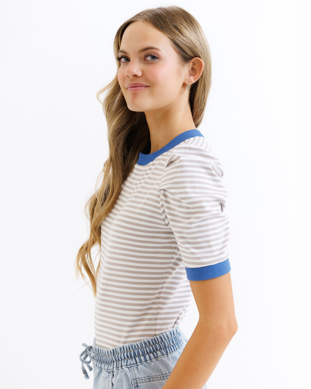 Downeast Blue Skies Ahead Top in cream and tan stripe, casual women's top with a relaxed fit and stylish design.