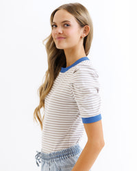 Downeast Blue Skies Ahead Top in cream and tan stripe, casual women's top with a relaxed fit and stylish design.